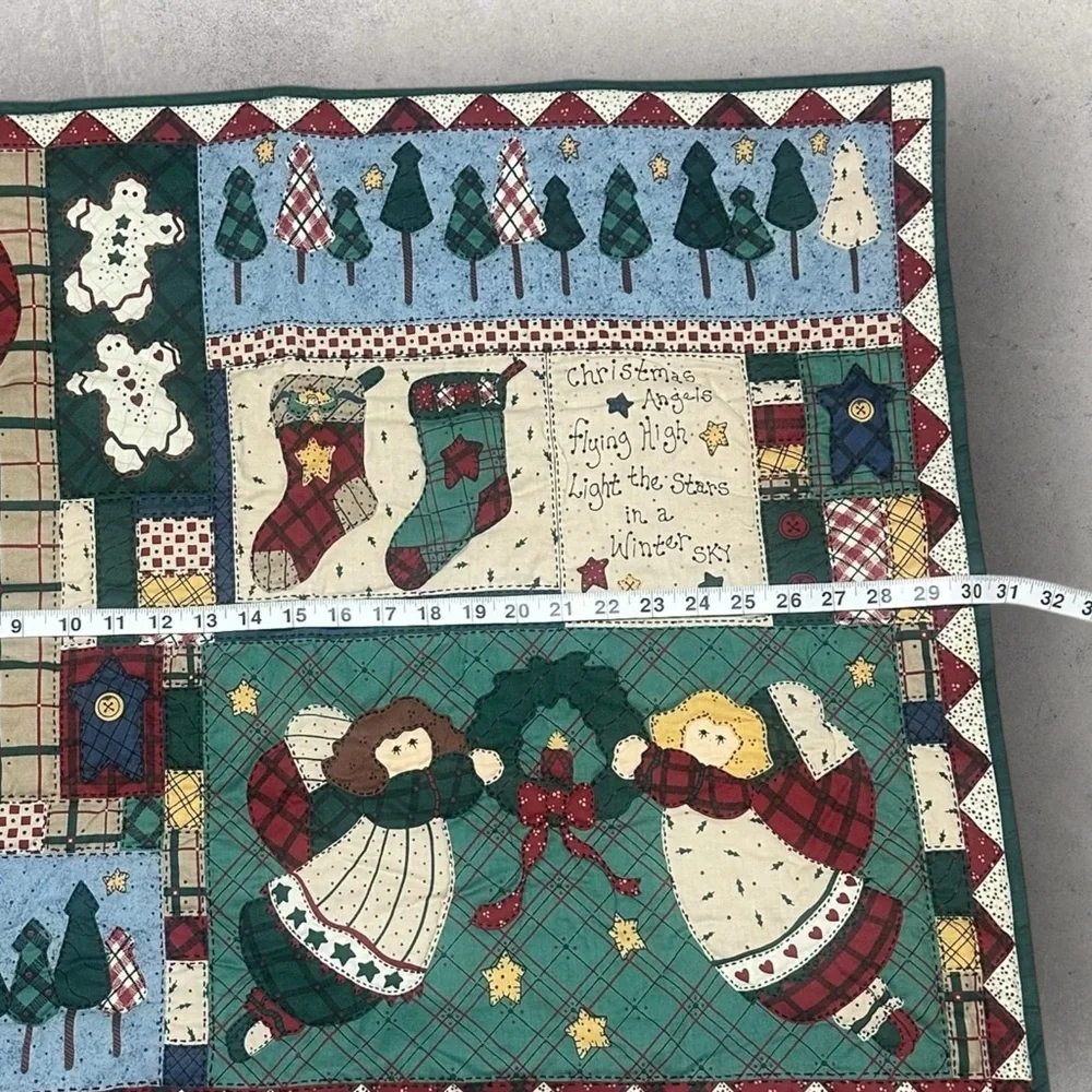Handmade Folk Art Christmas Quilt Wall Hanging 24x30 Angels Trees Stockings